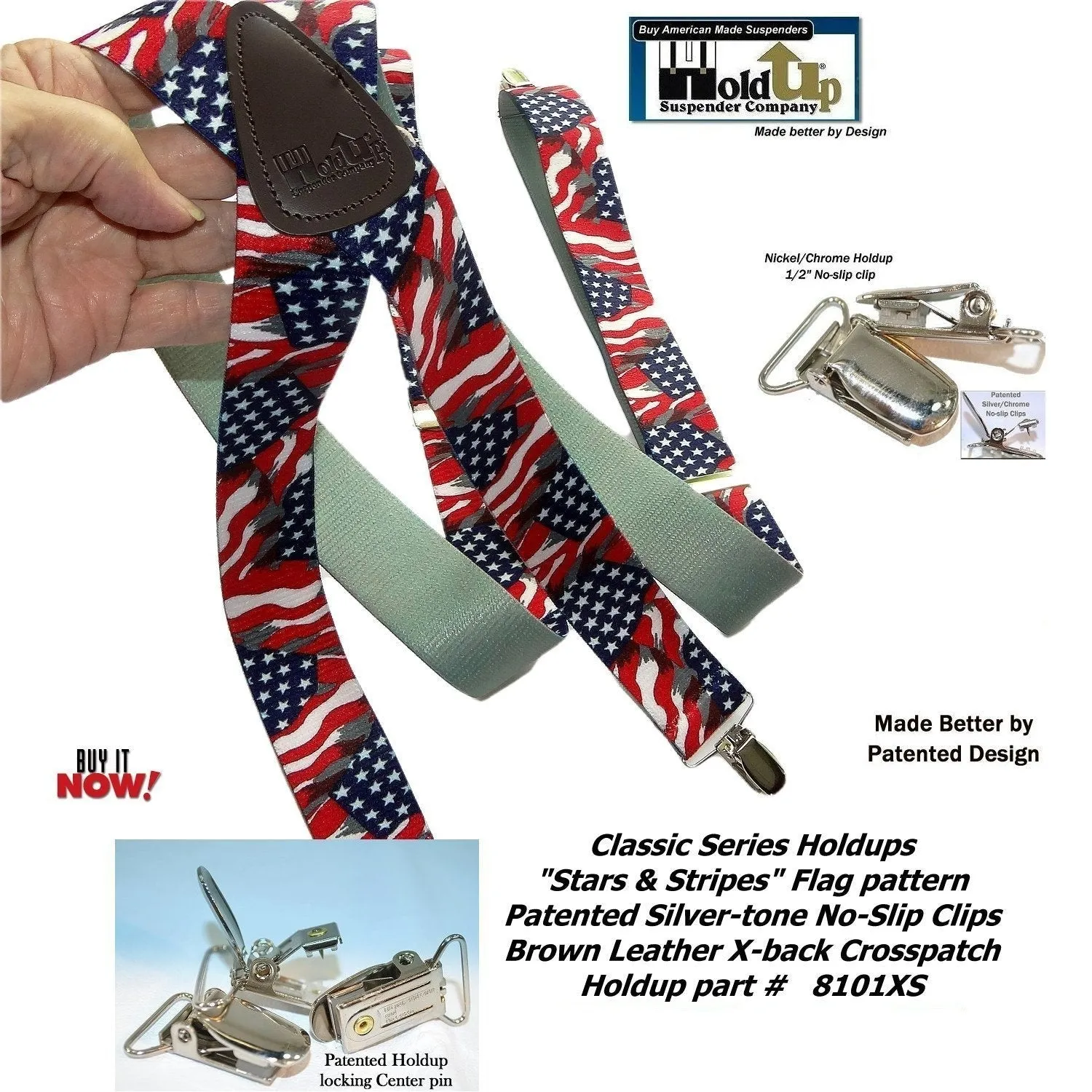 HoldUp Brand Classic Series USA Flag Pattern X-back Suspenders with Silver No-slip Clips