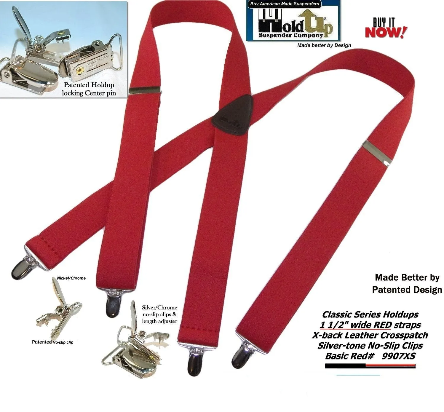 Holdup Bright RED Classic X-back Suspenders with USA Patented Silver-tone No-slip clips