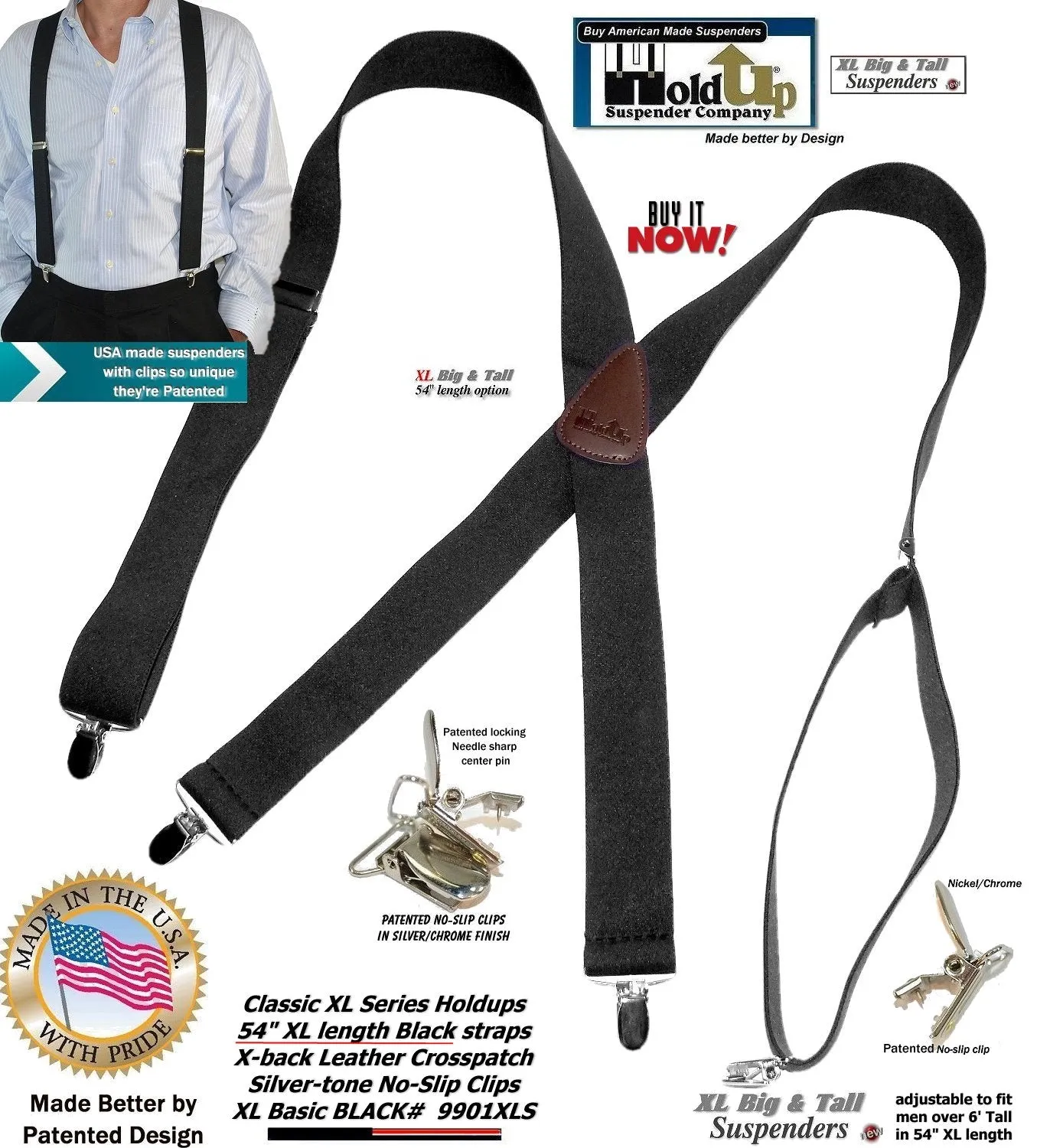 Holdup Suspender Classic Series Black XL 54"longer Suspenders in X-back style with Patented No-slip Clips.