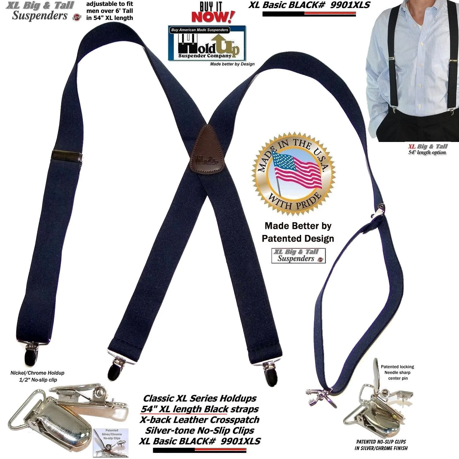 Holdup Suspender Classic Series Black XL 54"longer Suspenders in X-back style with Patented No-slip Clips.