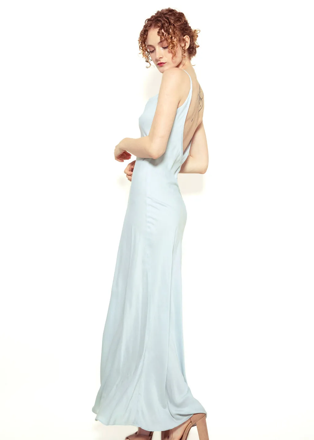 Jane Booke Baby Blue Low Back Silk Slip Dress