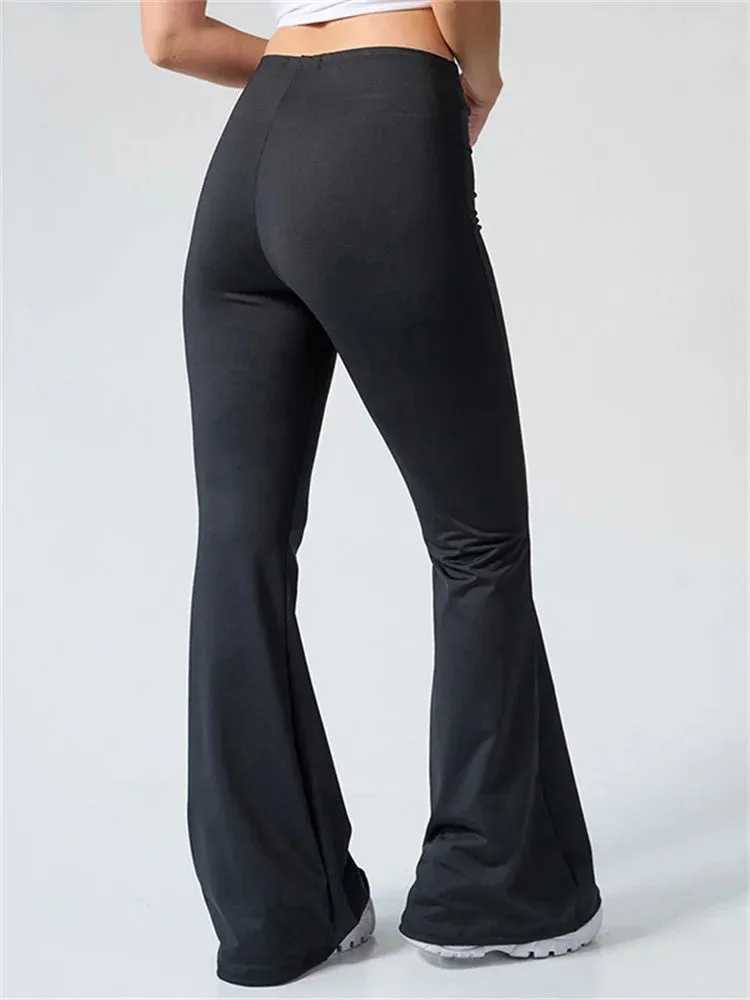 JuliaFashion - Solid ColorFlare Ruched High Waist Slim Long Pants