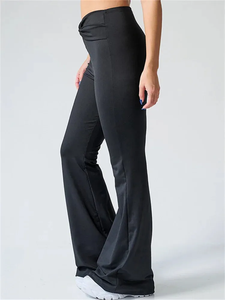 JuliaFashion - Solid ColorFlare Ruched High Waist Slim Long Pants