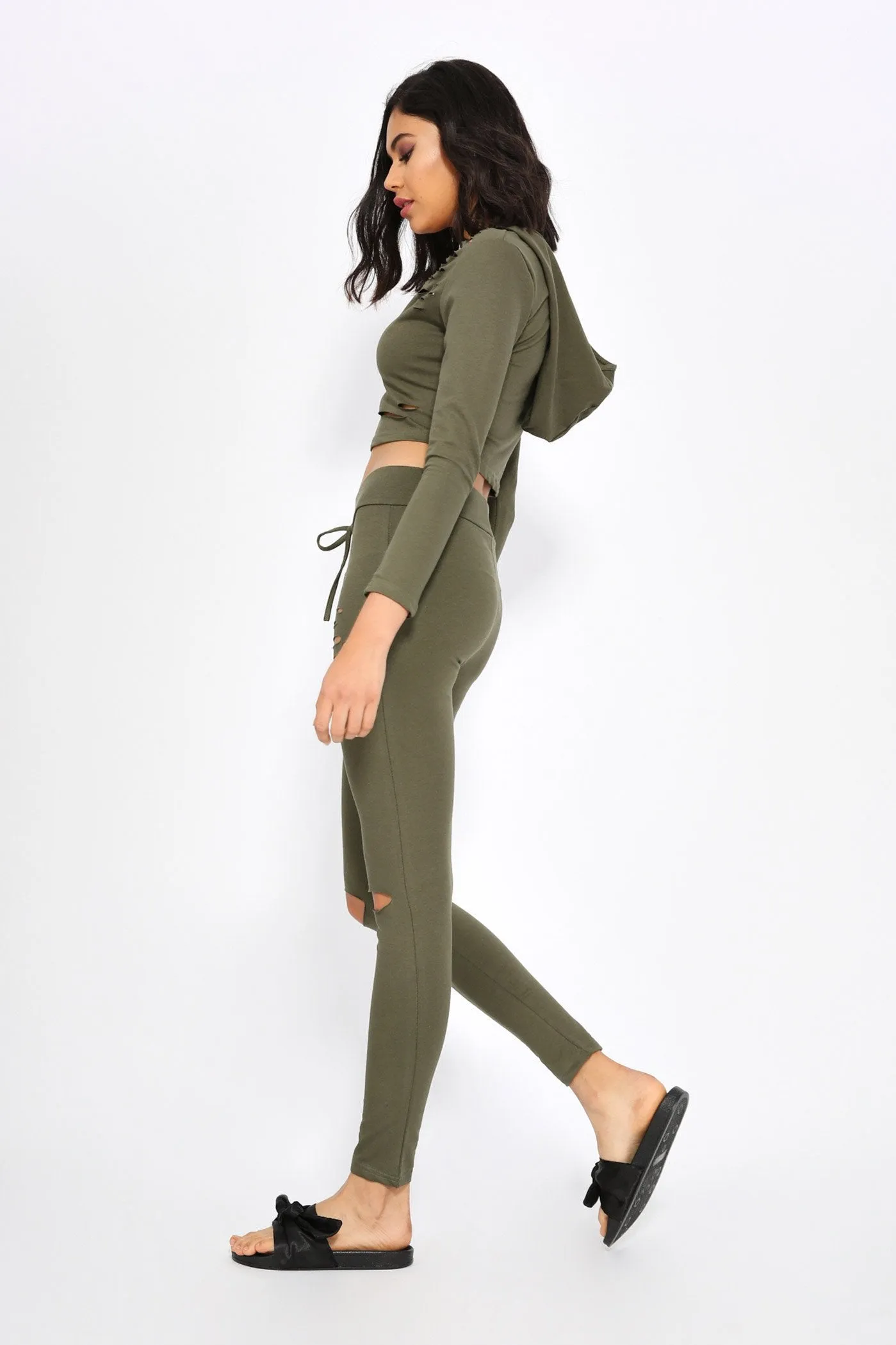 Khaki Ripped Fitted Jogging Bottoms