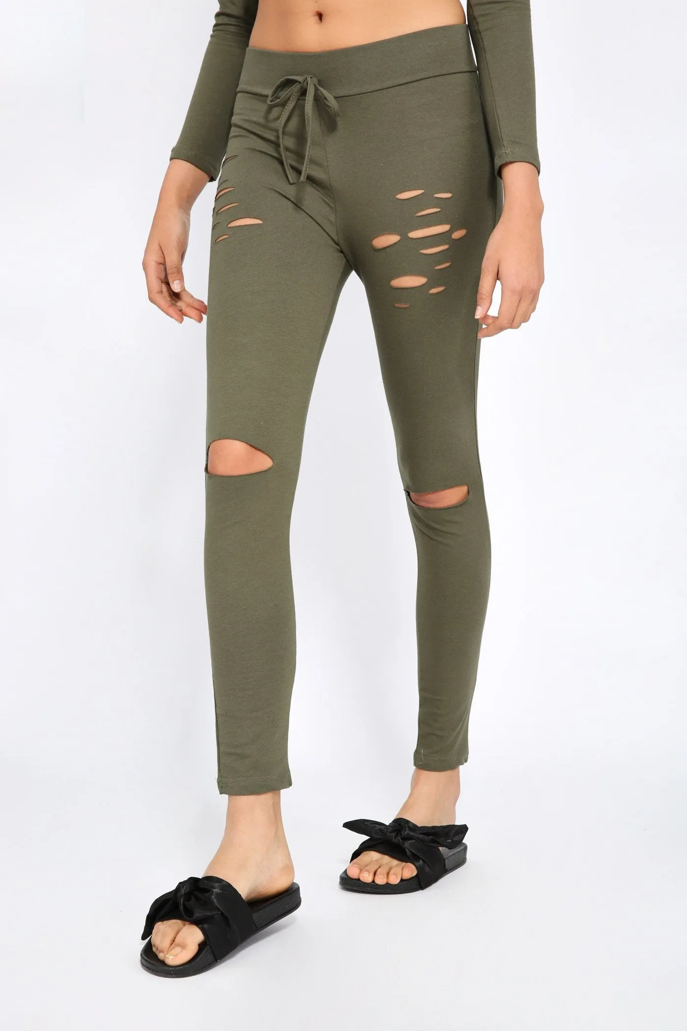 Khaki Ripped Fitted Jogging Bottoms