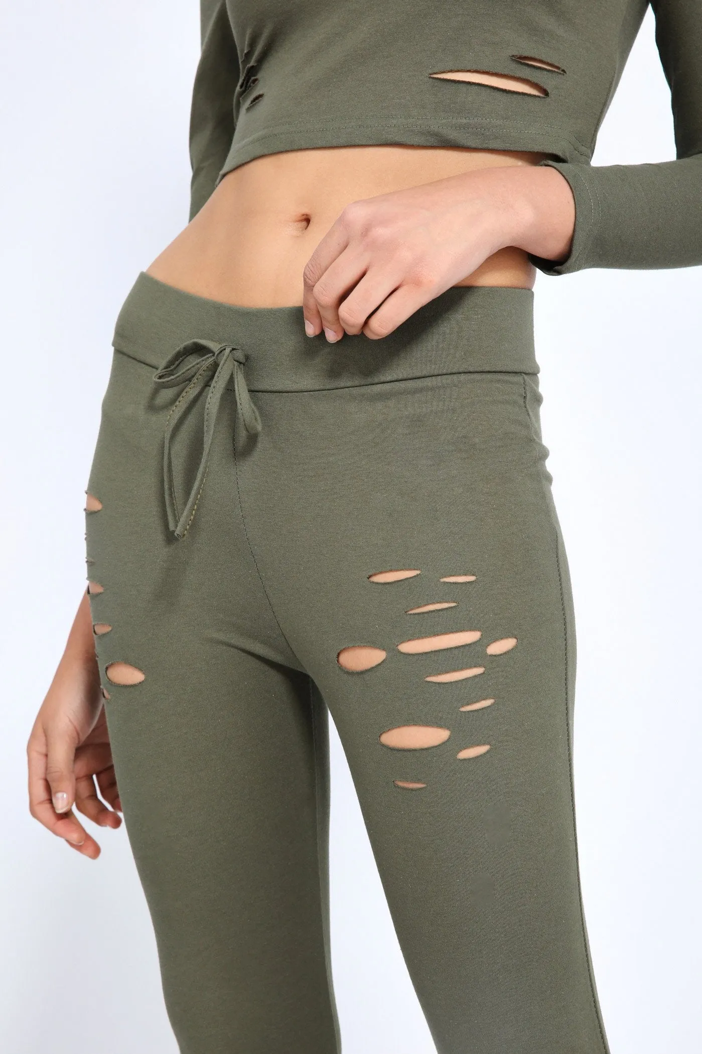 Khaki Ripped Fitted Jogging Bottoms