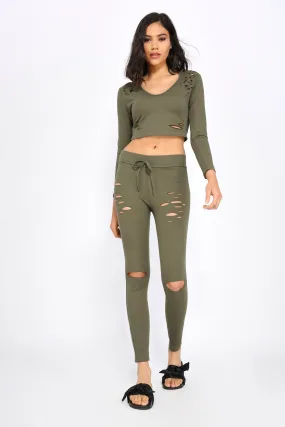 Khaki Ripped Fitted Jogging Bottoms