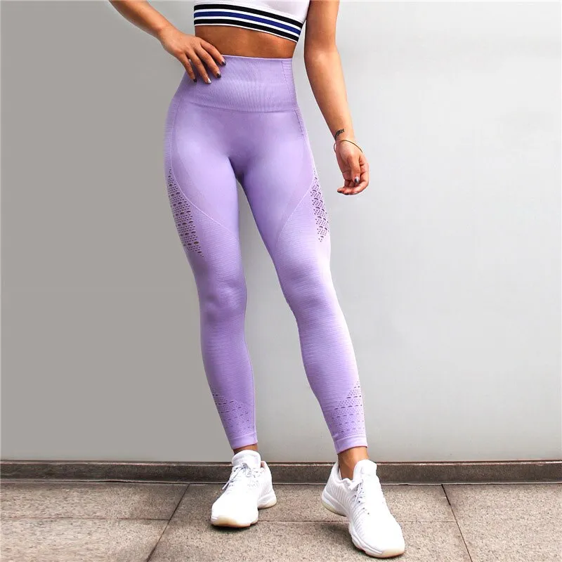 KittenAlarm - Mojoyce Hollow Yoga Leggings For Women Sports Leggings Seamless Fitness Yoga Pants High Waist Push Up Workout Running Solid Tights Pants