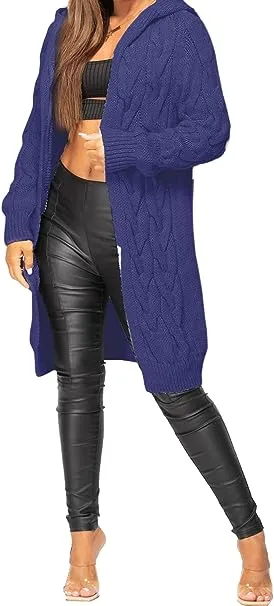 Ladies Cable Knitted Cardigans Oversize Long Hooded