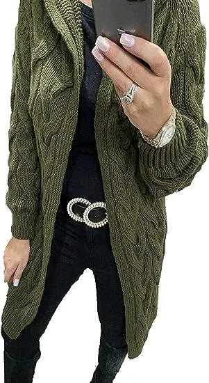 Ladies Cable Knitted Cardigans Oversize Long Hooded