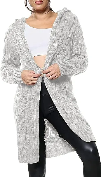 Ladies Cable Knitted Cardigans Oversize Long Hooded