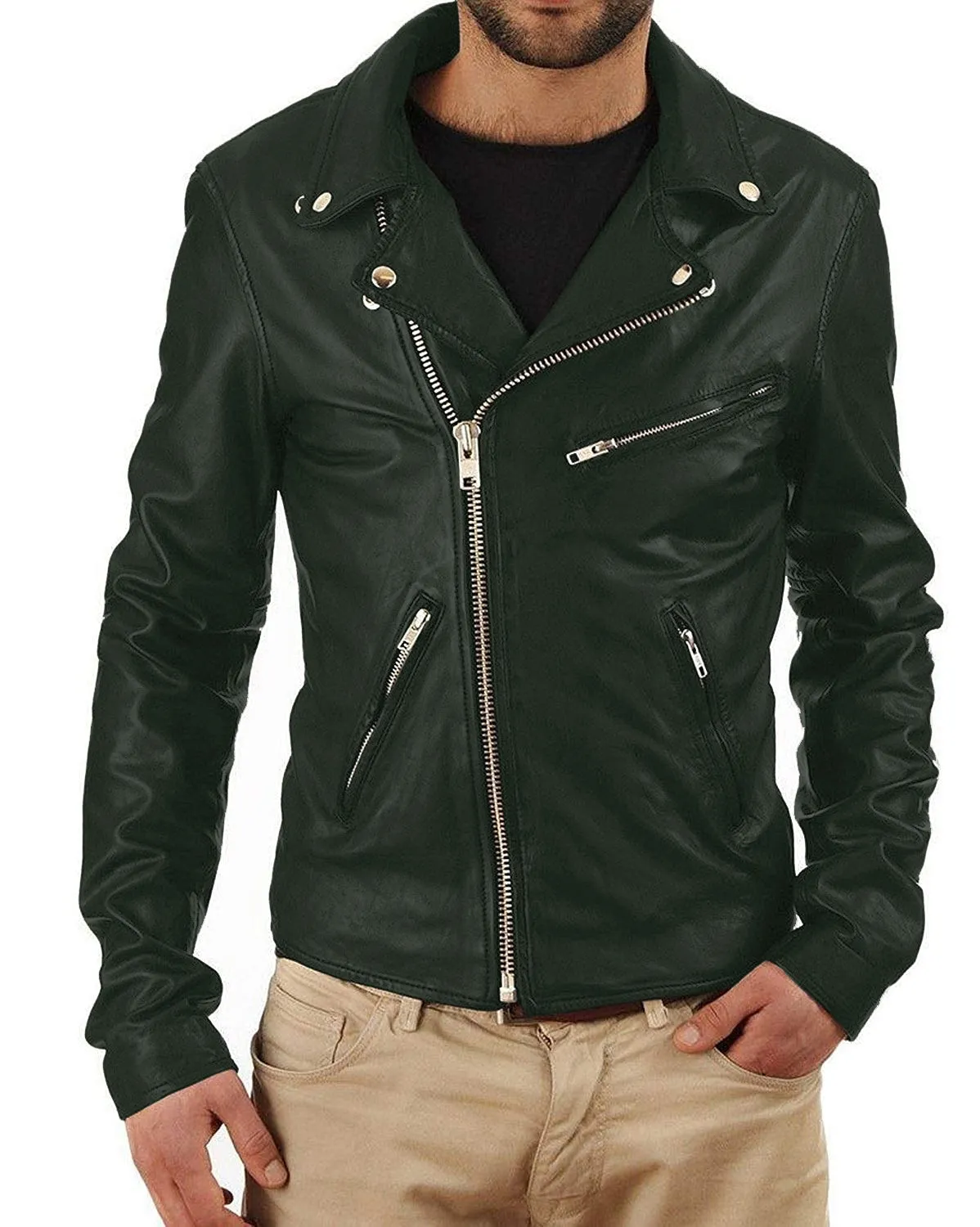 Leather Jackets Hub Mens Genuine Lambskin Leather Jacket (Black, Rocker Jacket) - 1501325