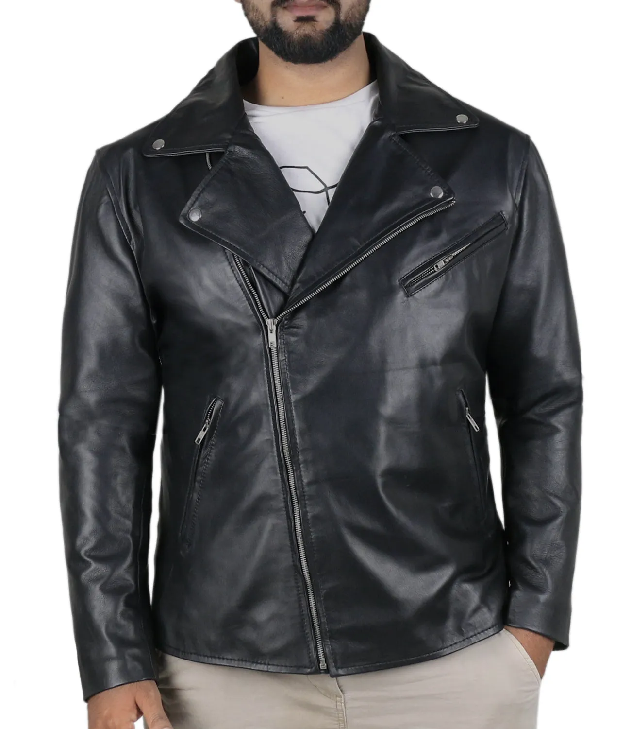 Leather Jackets Hub Mens Genuine Lambskin Leather Jacket (Black, Rocker Jacket) - 1501325