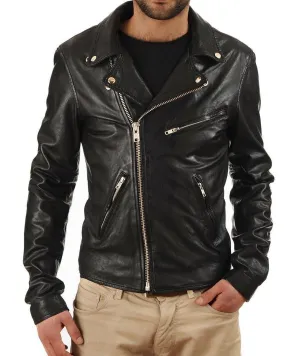 Leather Jackets Hub Mens Genuine Lambskin Leather Jacket (Black, Rocker Jacket) - 1501325