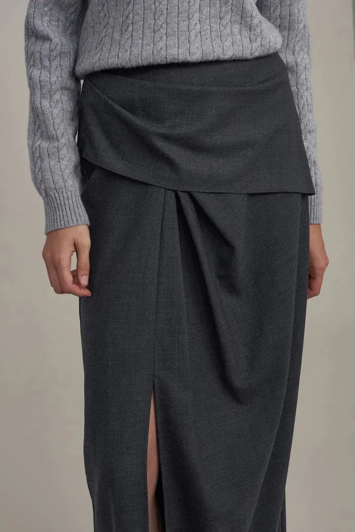 Leona Pleated High Slit Midi Skirt in Fine Worsted Wool