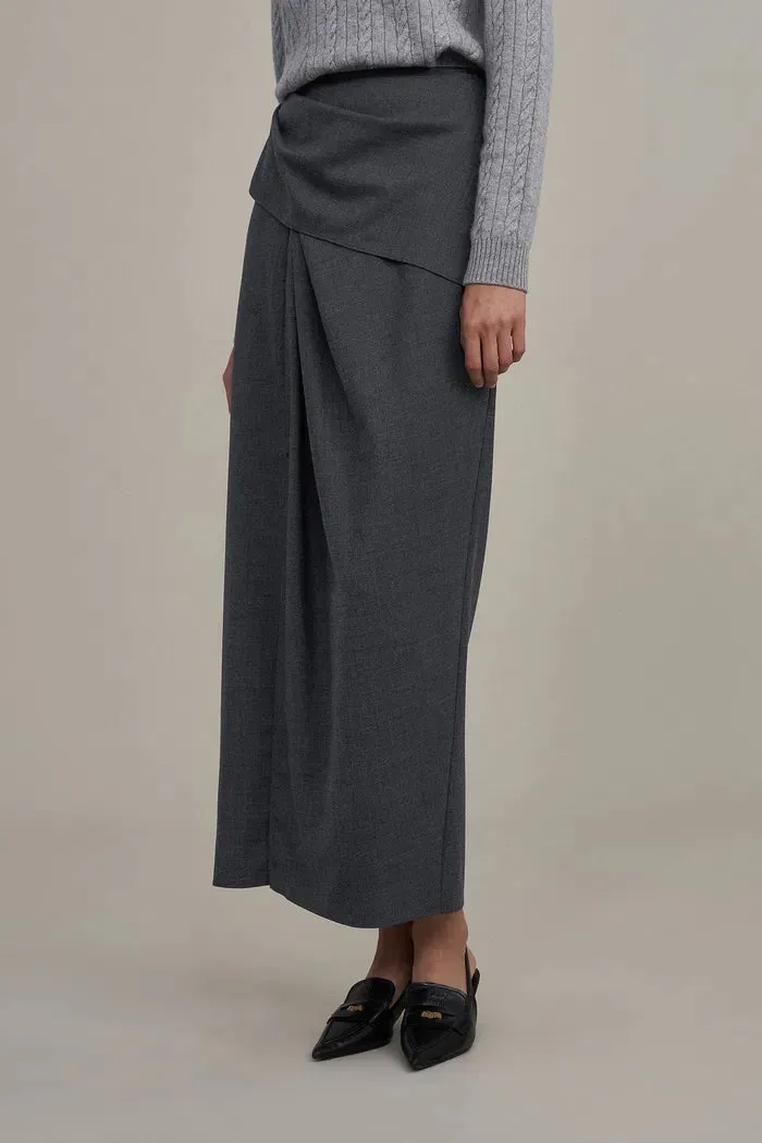 Leona Pleated High Slit Midi Skirt in Fine Worsted Wool