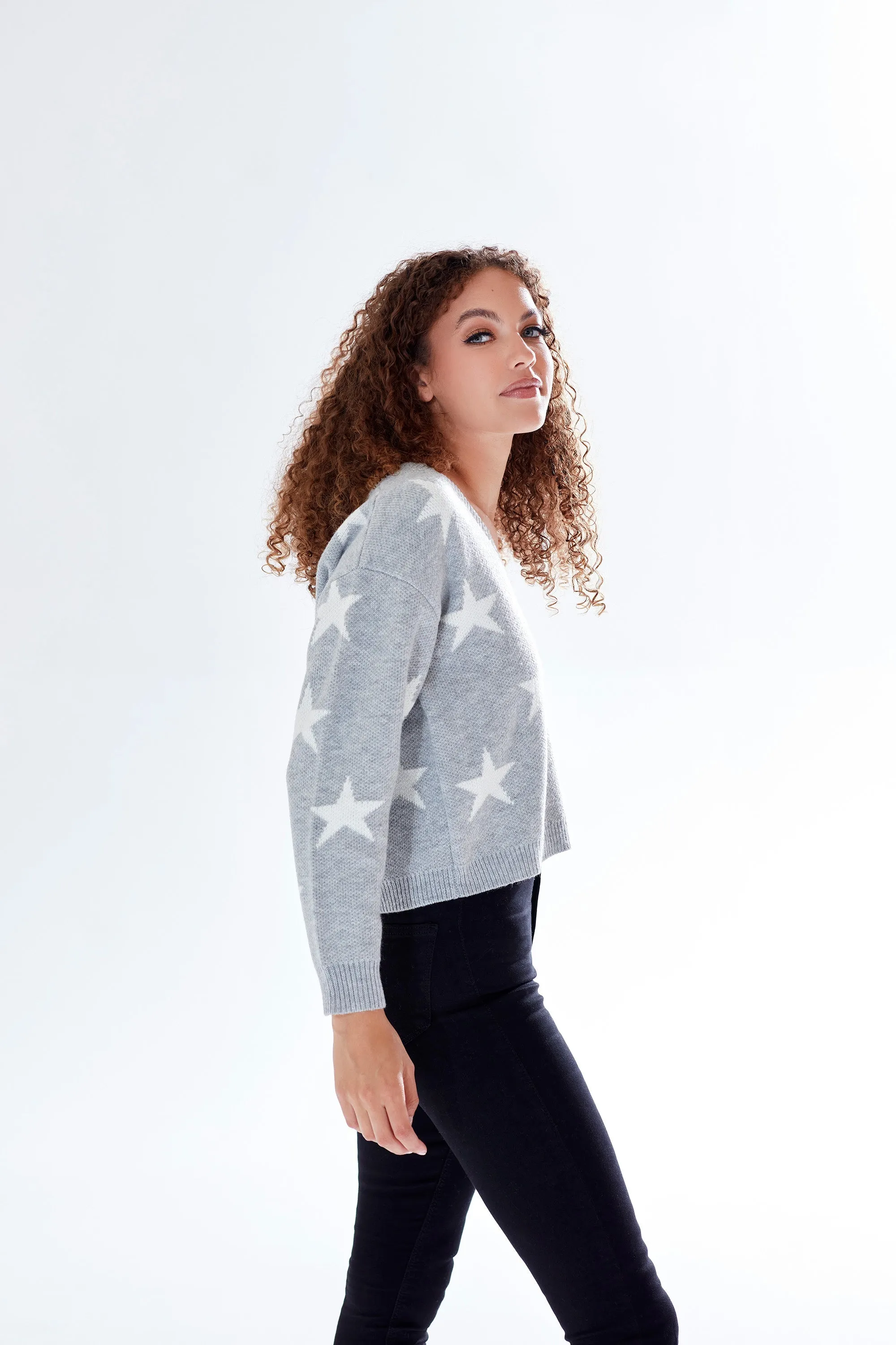 Liquorish Star Pattern V-neck Button Down Cardigan Grey