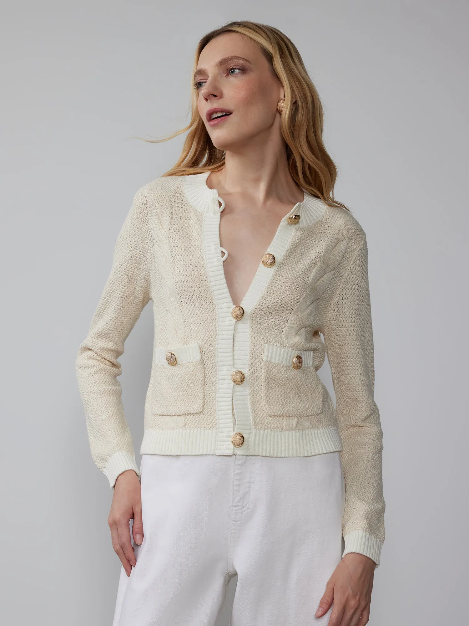 Long Sleeve Cable Gold Button Cardigan