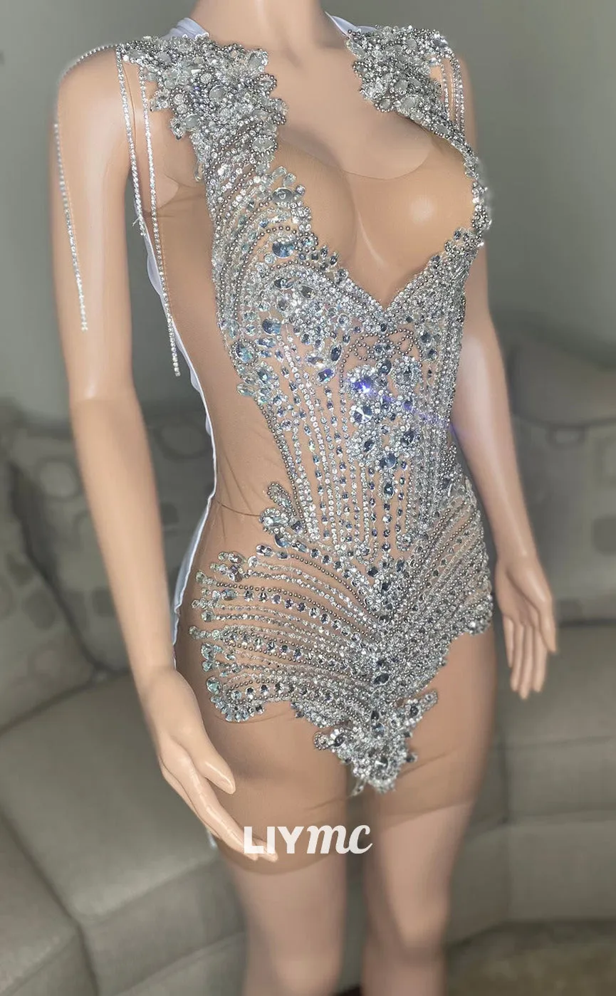 LY299 - V-Neck Beaded Sheer Bodycon Short Sparkly Homecoming Dress