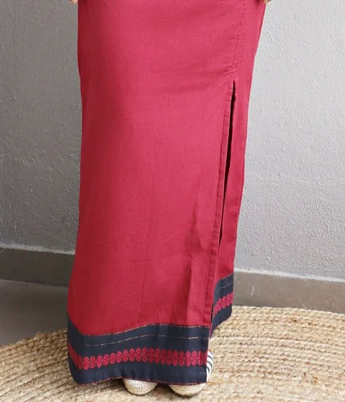 Maroon Handloom Cotton Maxi Skirt With Black Border