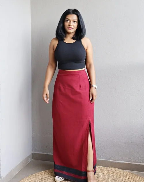 Maroon Handloom Cotton Maxi Skirt With Black Border