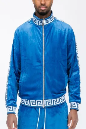 Men's Blue/White Velvet Velour Long Sleeve Track Jacket