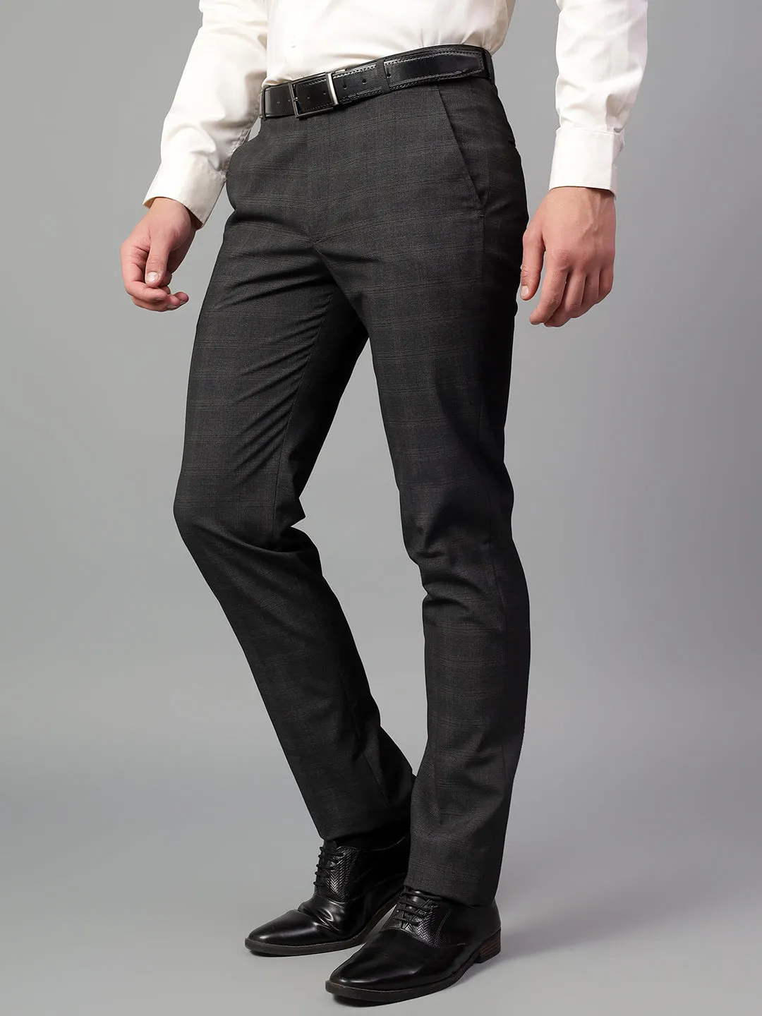 Men's Grey Checked Non-Pleated Formal Trouser