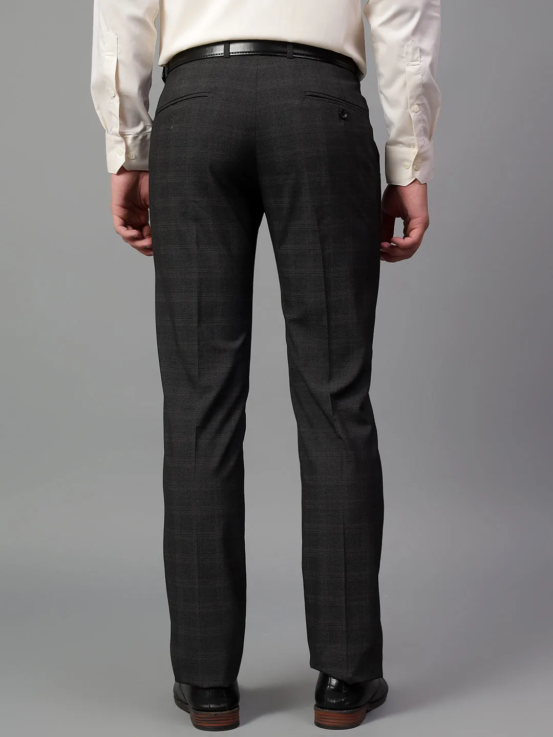 Men's Grey Checked Non-Pleated Formal Trouser