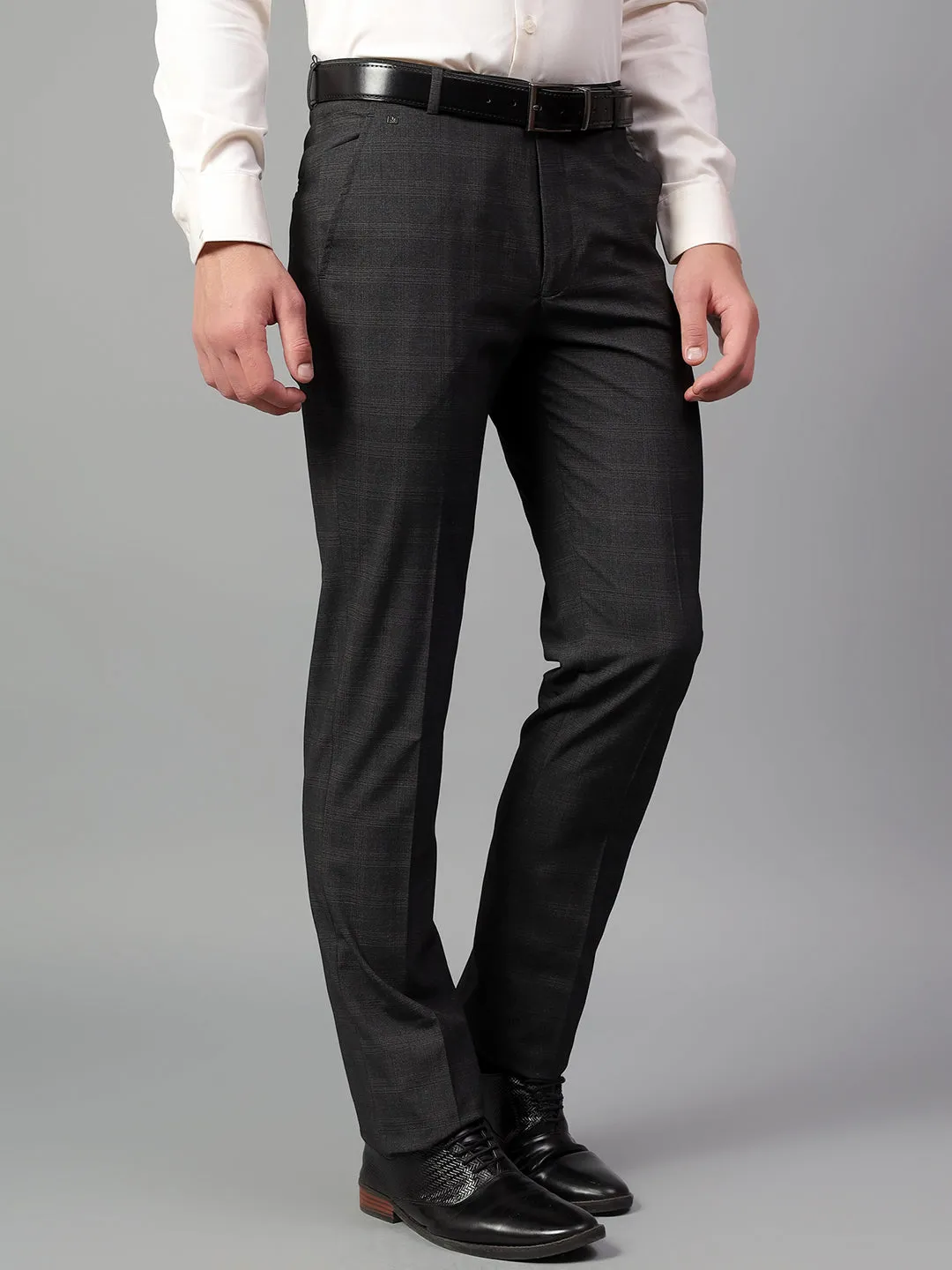 Men's Grey Checked Non-Pleated Formal Trouser