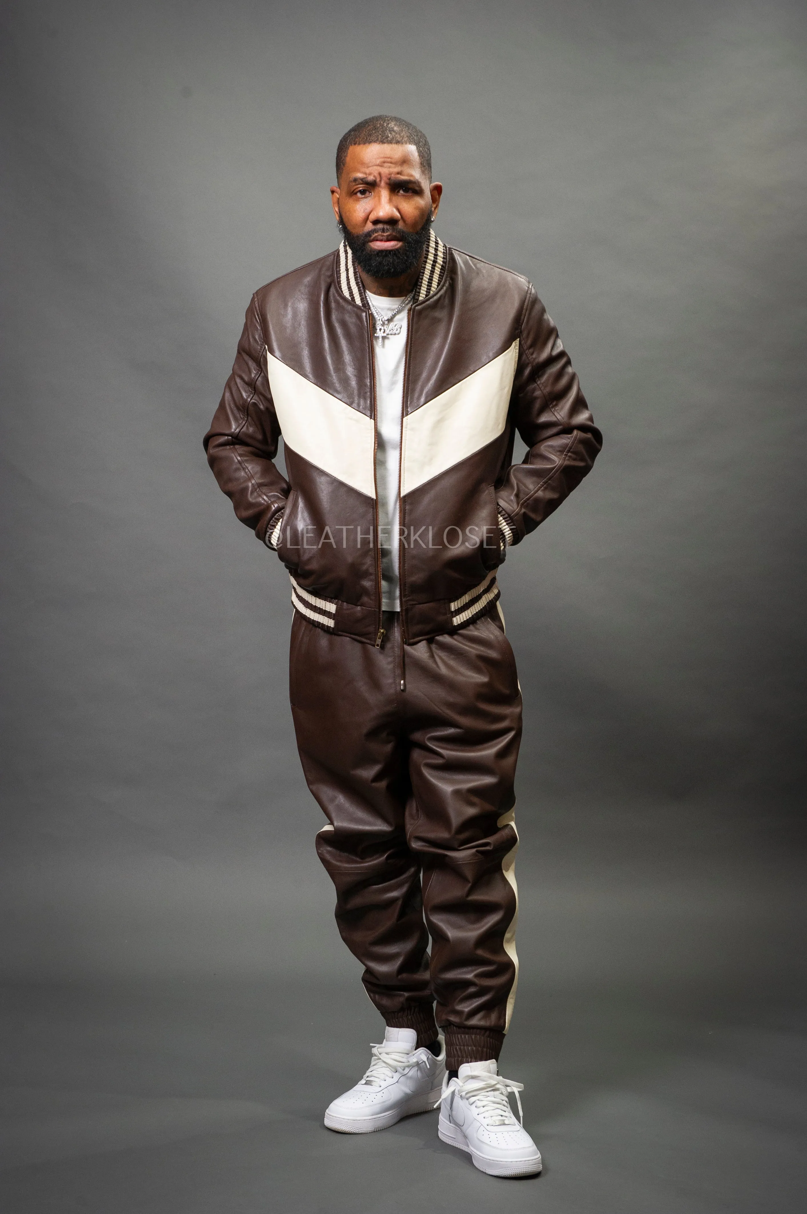 Men's V-Baseball Leather Track Suit Sweatsuit [Chocolate/Beige]