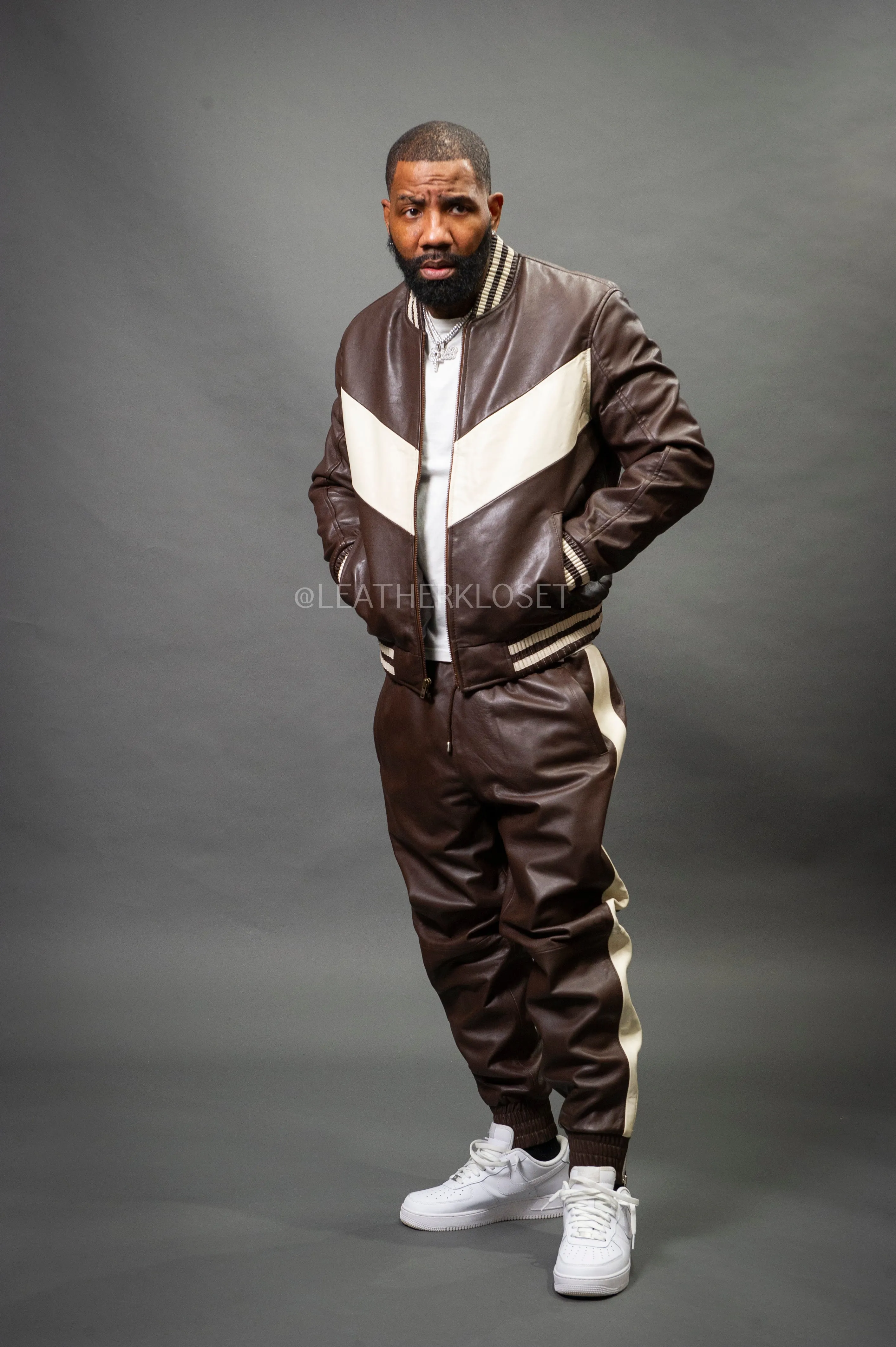 Men's V-Baseball Leather Track Suit Sweatsuit [Chocolate/Beige]