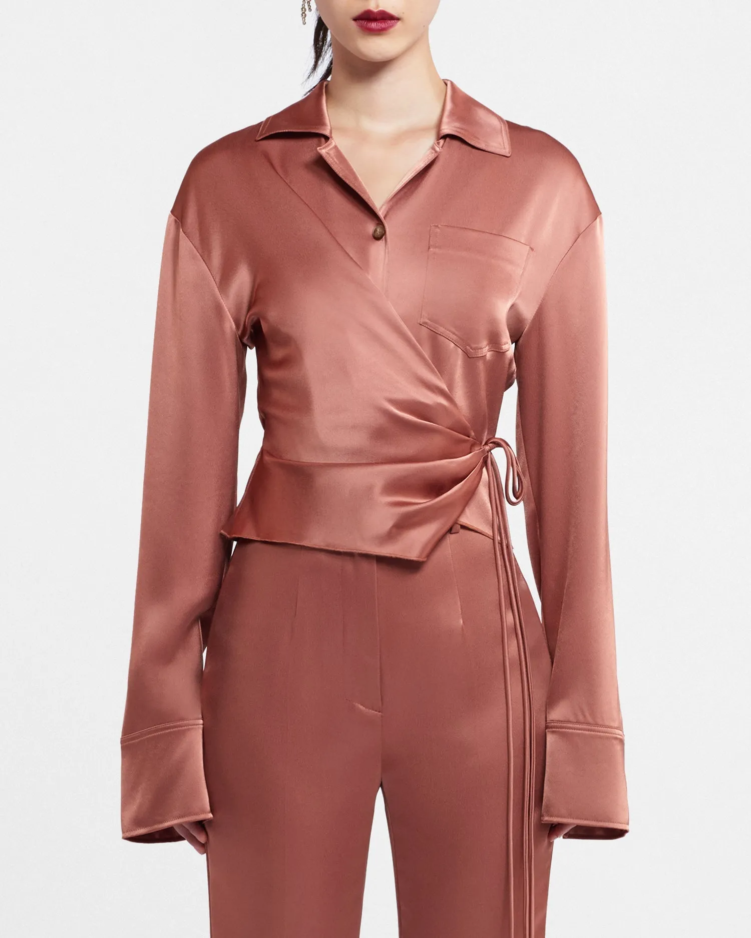 Merano - Sale Slip Satin Wrap Shirt - Brown Terra