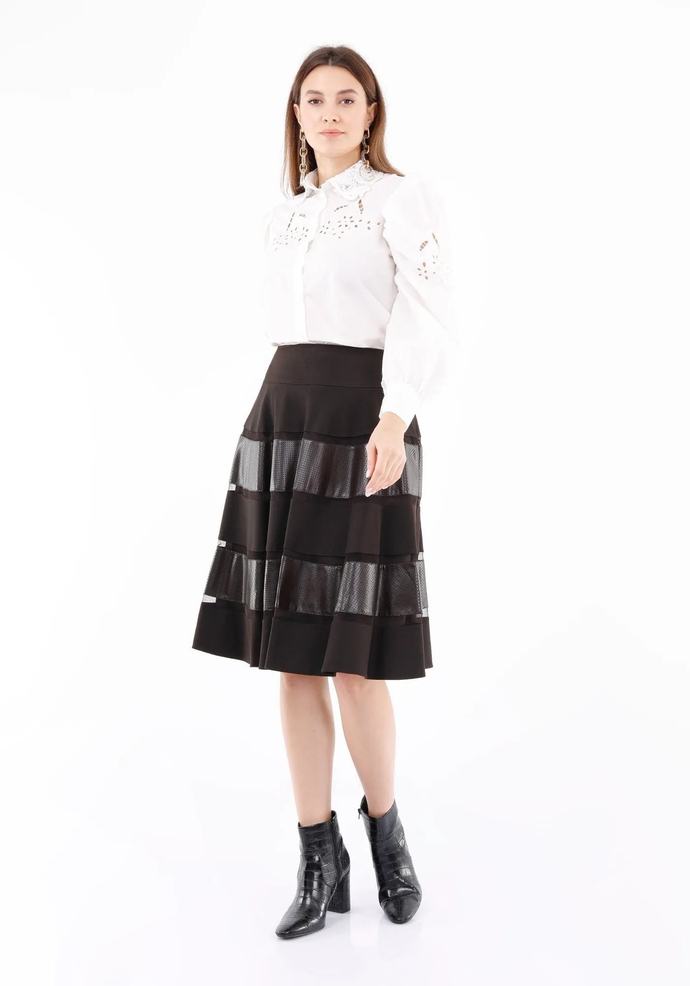 Midi Two Ply Brown  Flare Skirt with Tulle and Vegan Leather Lines