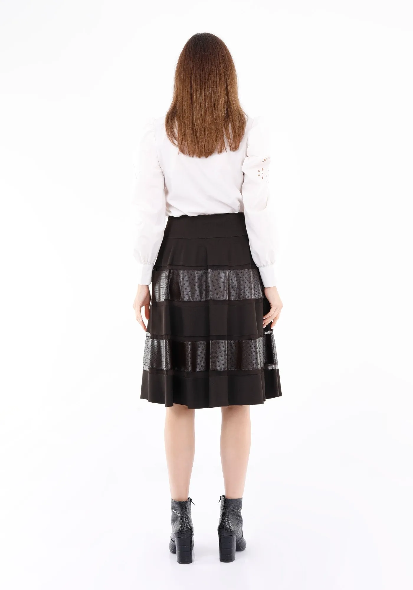 Midi Two Ply Brown  Flare Skirt with Tulle and Vegan Leather Lines