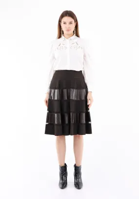 Midi Two Ply Brown  Flare Skirt with Tulle and Vegan Leather Lines