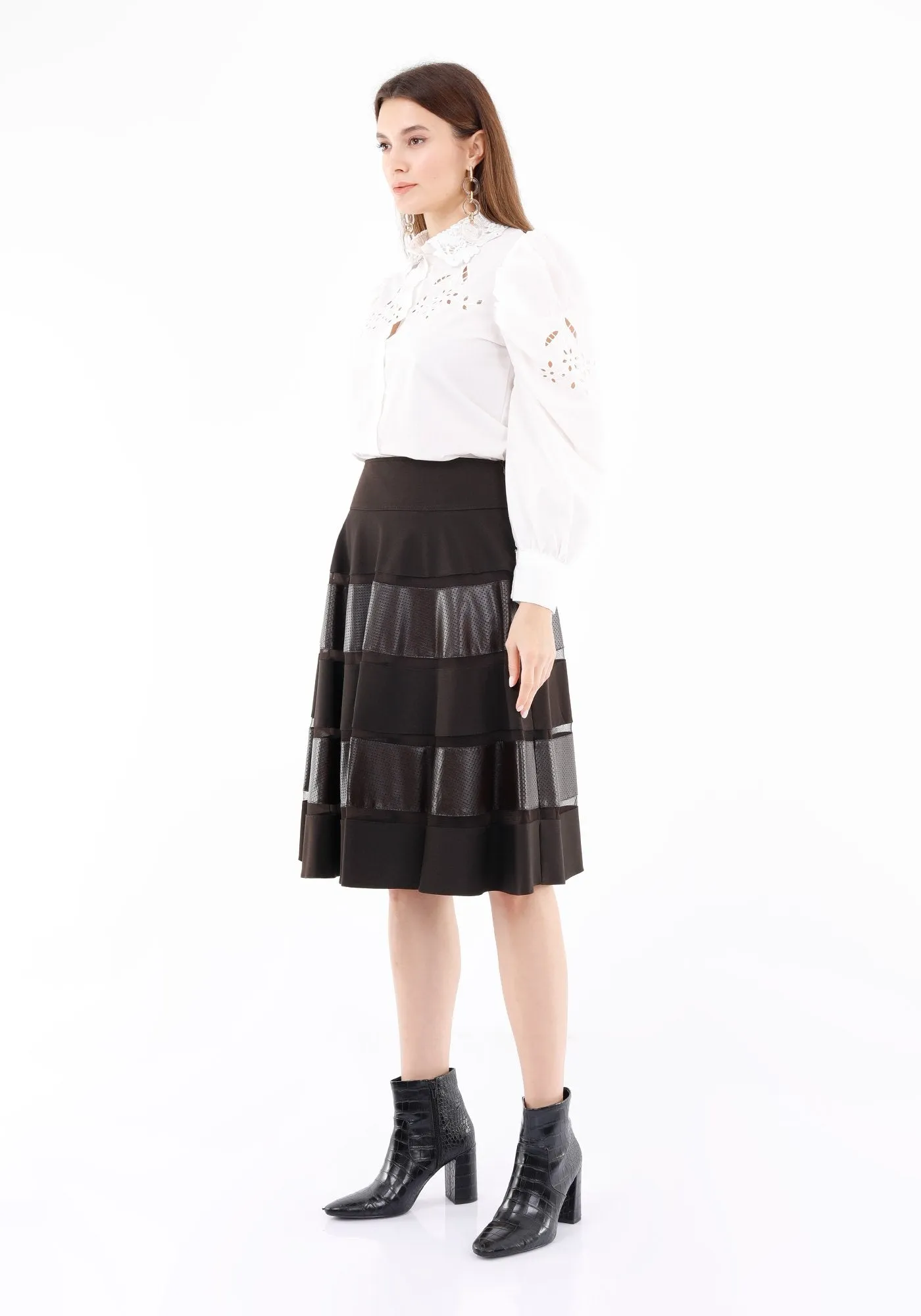 Midi Two Ply Brown  Flare Skirt with Tulle and Vegan Leather Lines