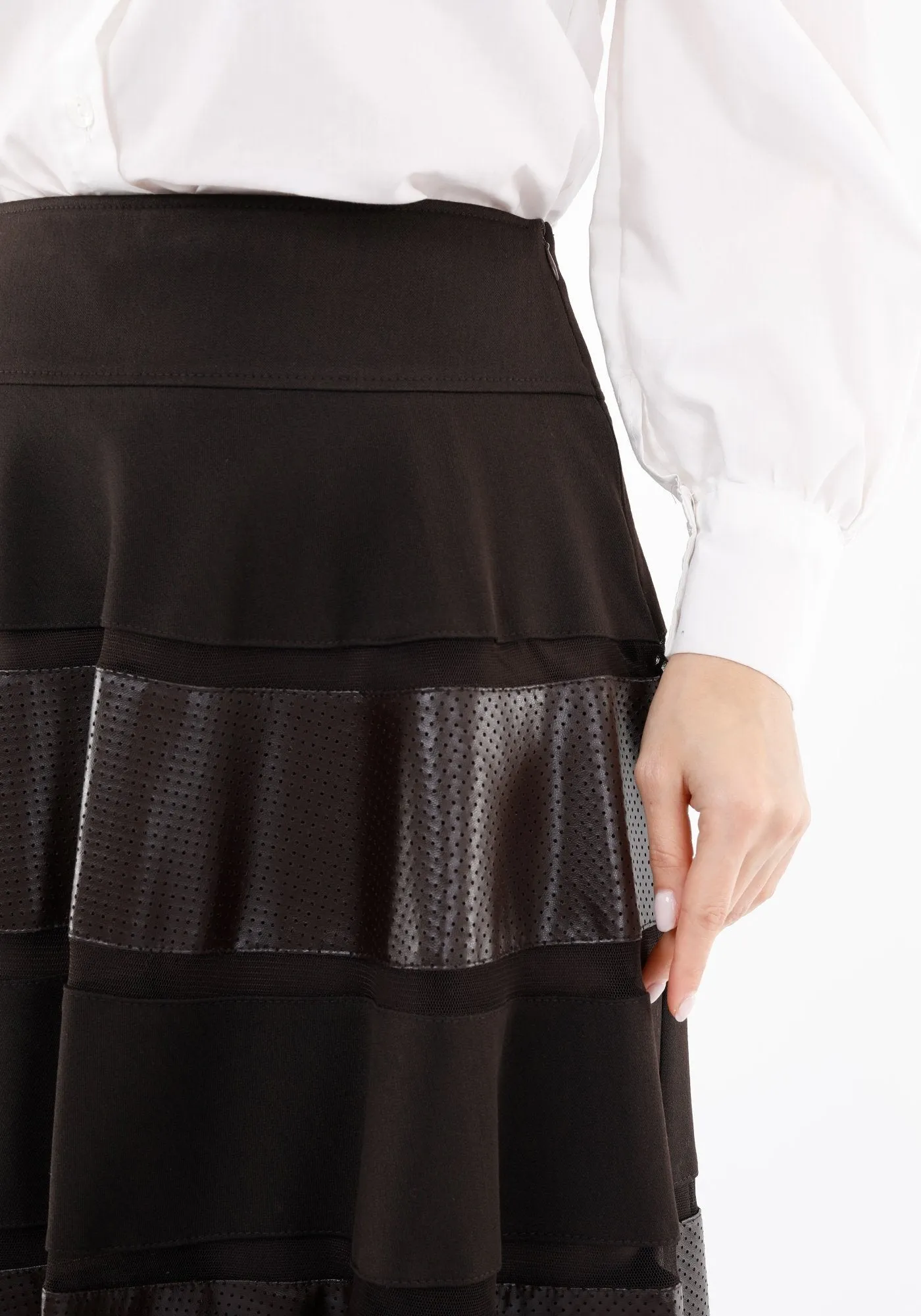 Midi Two Ply Brown  Flare Skirt with Tulle and Vegan Leather Lines