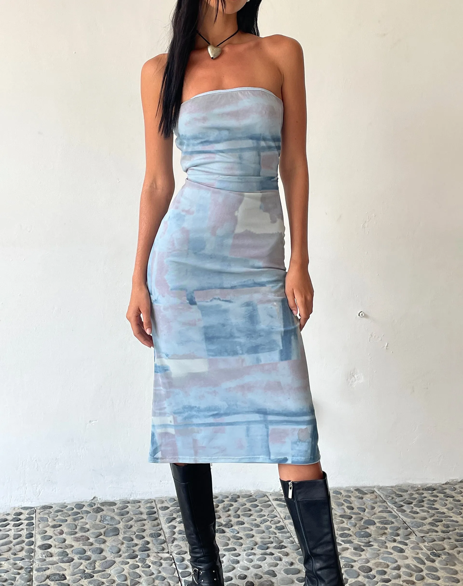 MOTEL X JACQUIE Suki Bandeau Midi Dress in Mesh Abstract Paint Brush Blue