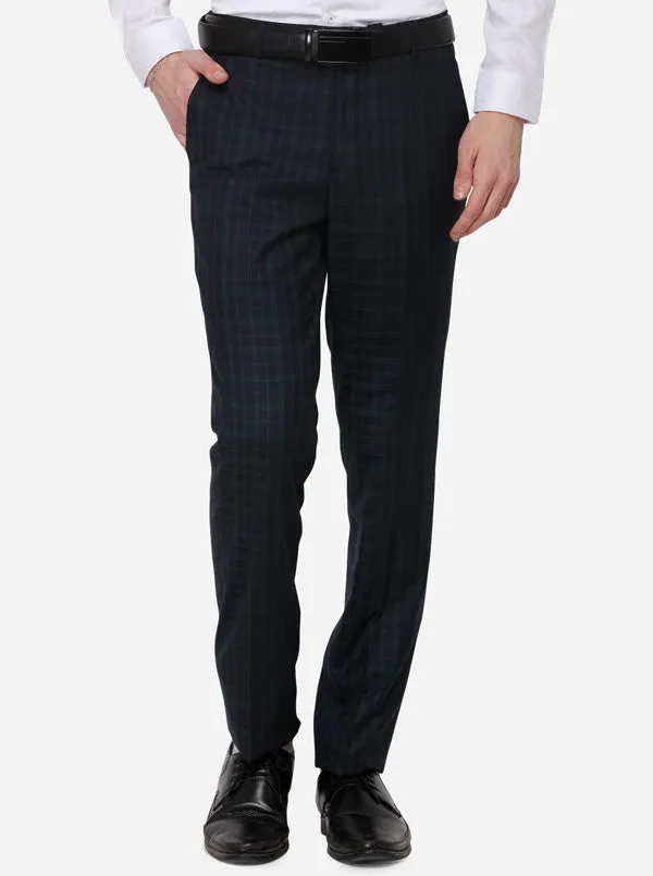 Navy Blue Checked Slim Fit Formal Trouser | JB Studio