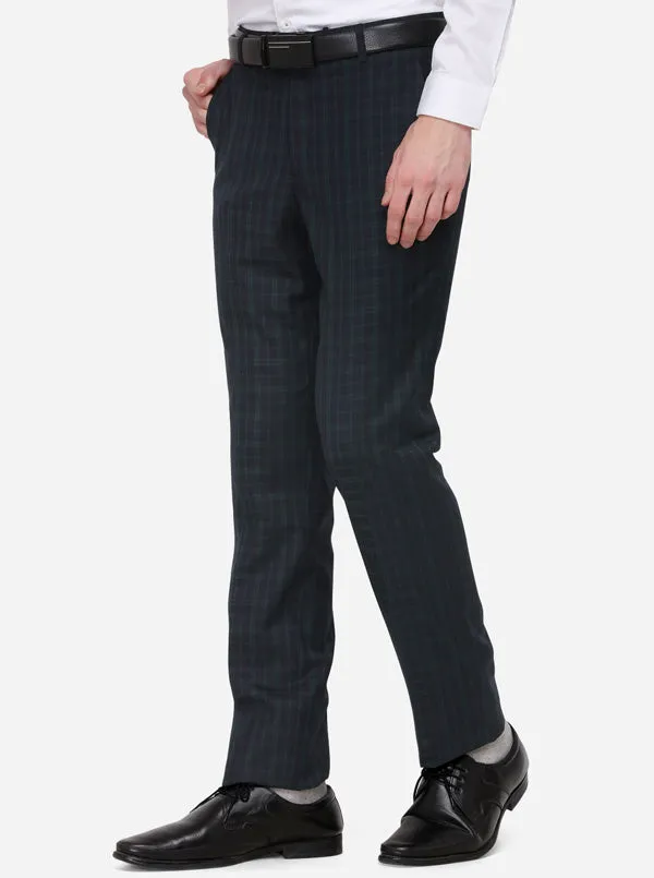 Navy Blue Checked Slim Fit Formal Trouser | JB Studio