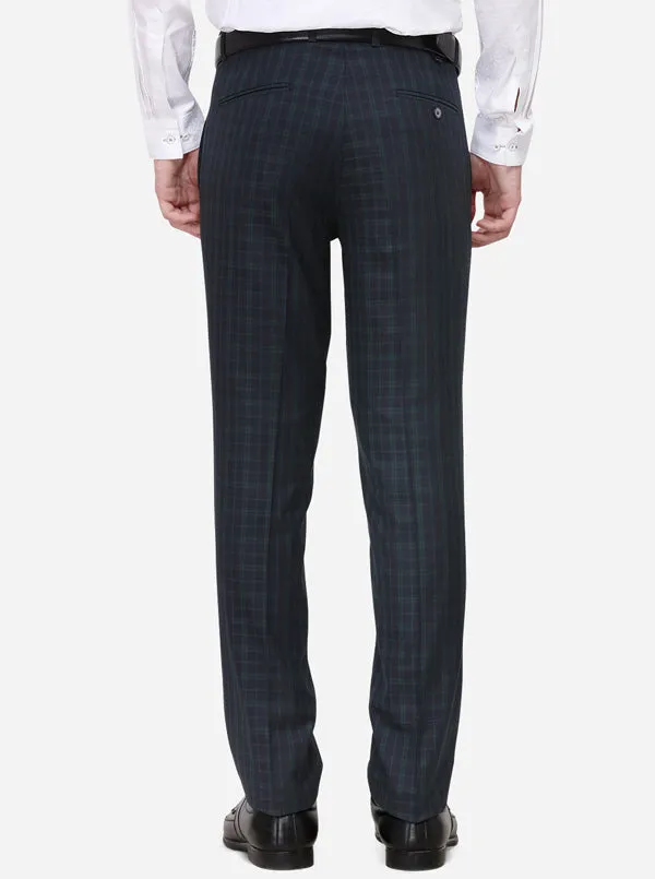 Navy Blue Checked Slim Fit Formal Trouser | JB Studio