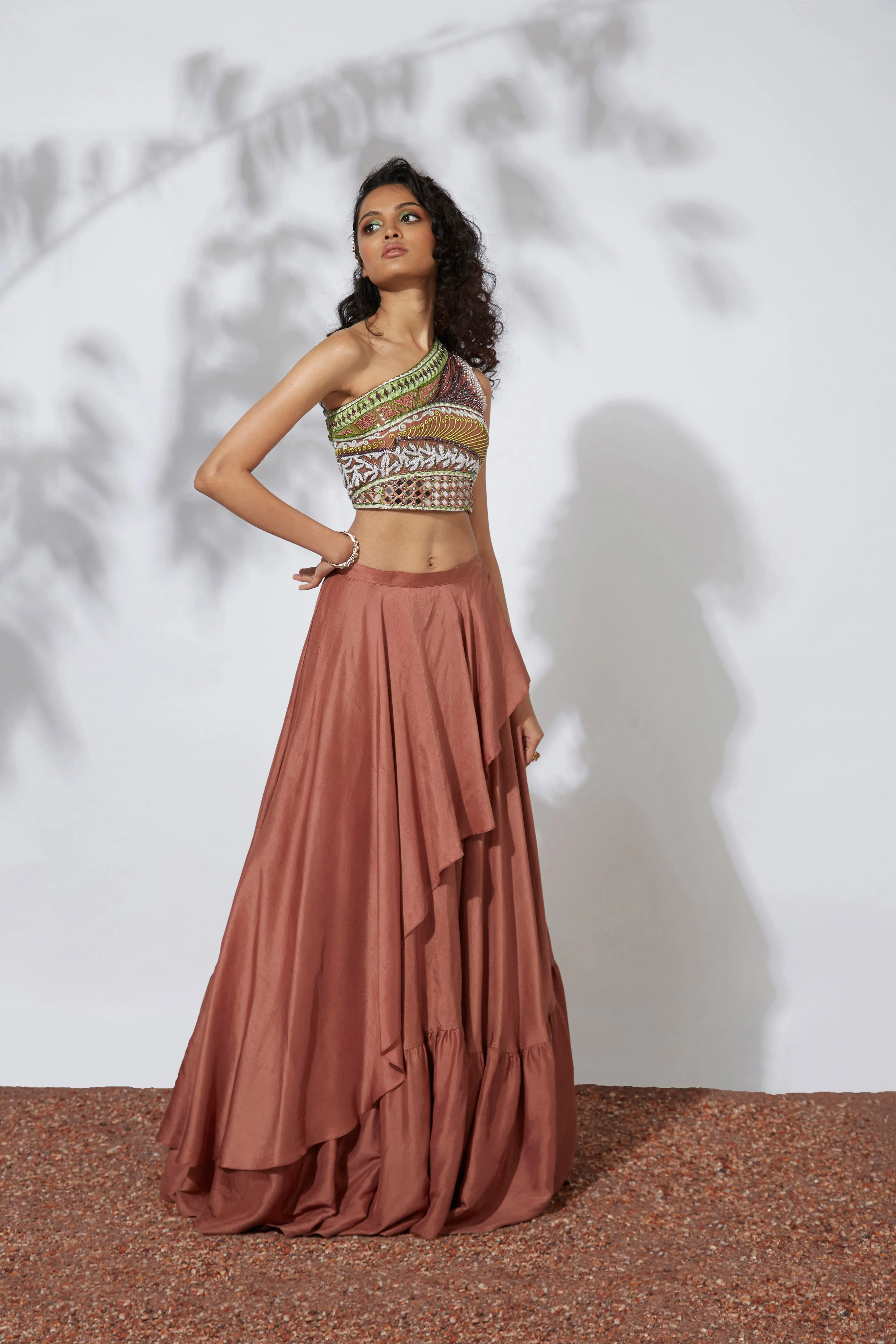 Ochre Lehenga With Embroidered One-Shouldered Crop Top