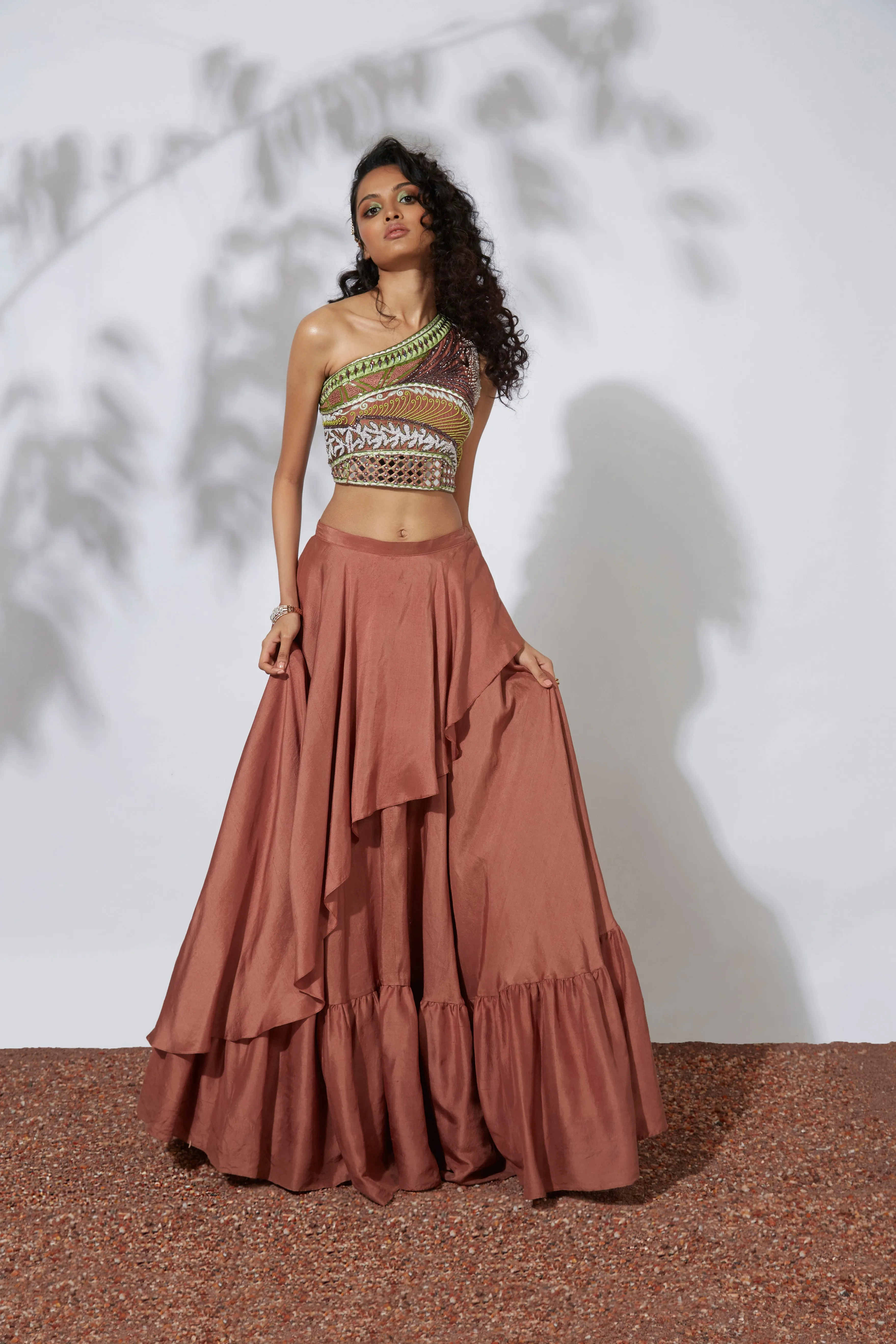 Ochre Lehenga With Embroidered One-Shouldered Crop Top