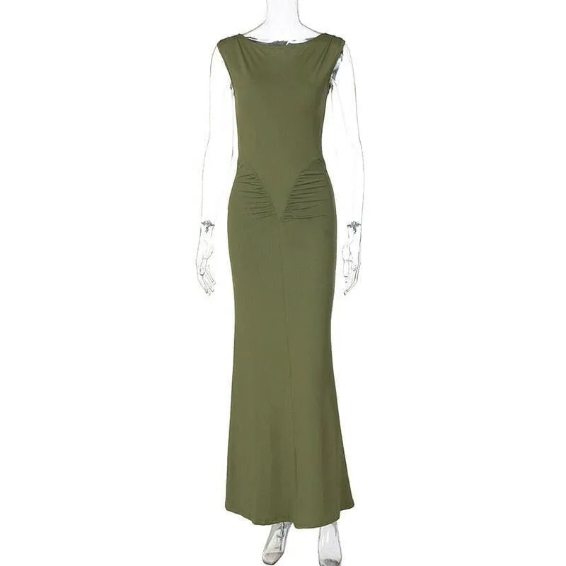 Olive Green Ladies Bodycon Fashion Pleated Short Sleeved Dress