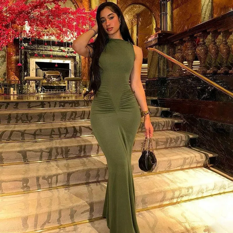 Olive Green Ladies Bodycon Fashion Pleated Short Sleeved Dress