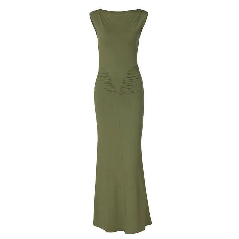 Olive Green Ladies Bodycon Fashion Pleated Short Sleeved Dress