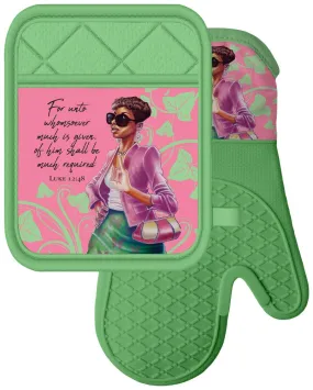 Pink and Green Oven Mitt and Pot Holder Set