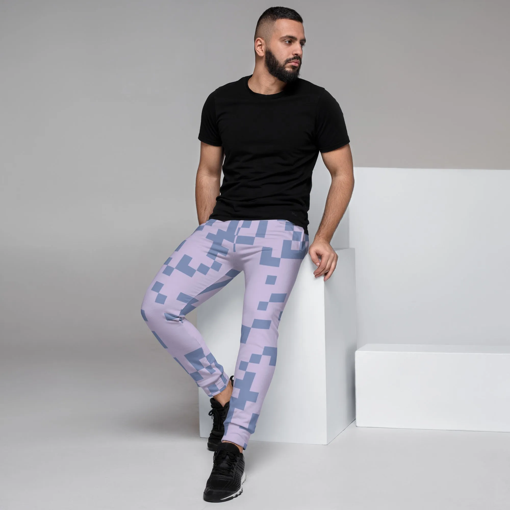 Pink Grey Geometric Men's Joggers, Colorful Geometric Men's Pants-Made in USA/EU/MX (US Size: XS-3XL)