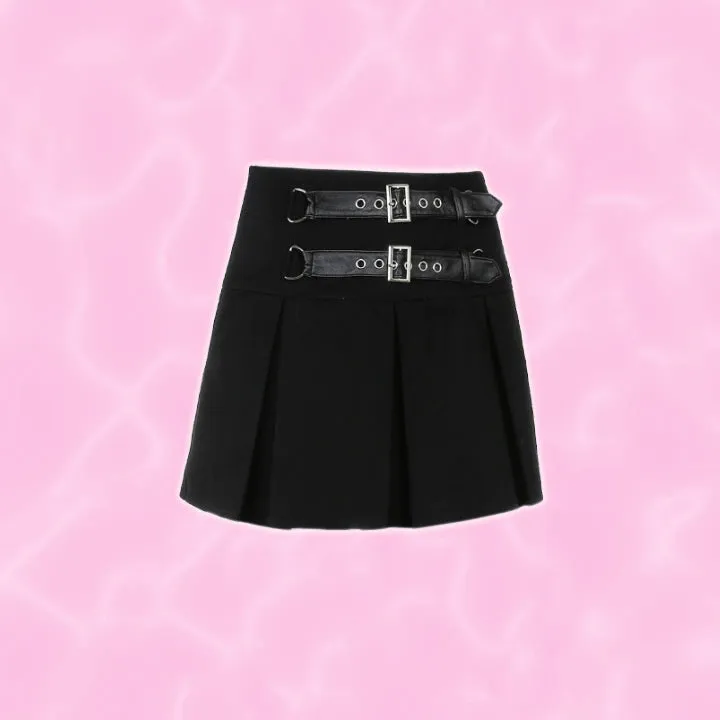 Pleated Leather Belt Skirt