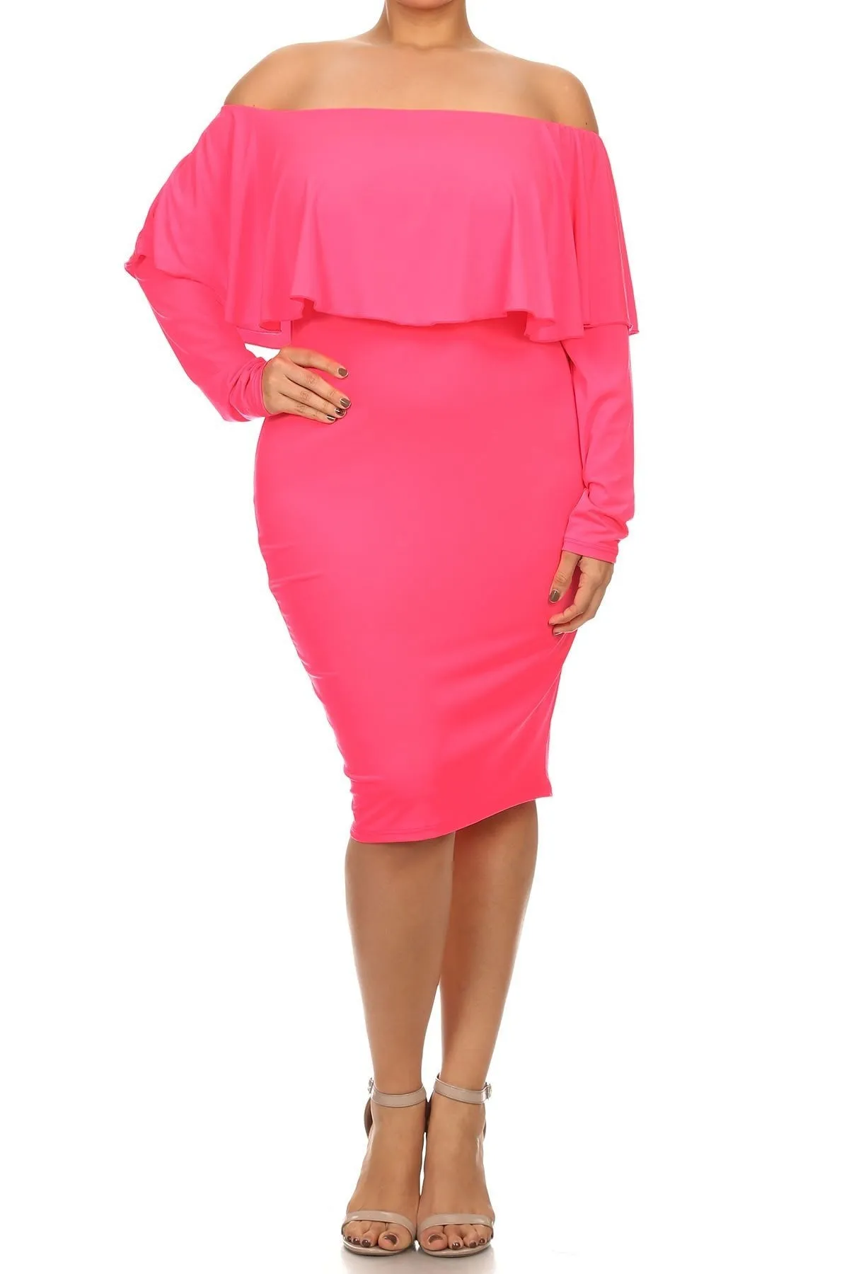 Plus Size Long Sleeves Ruffle Off Shoulder Bodycon Mini Dress